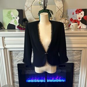 Susan J black formal dress blazer size 6 , clip closure , beaded/ tulle detail